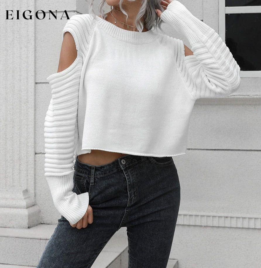 Cold-Shoulder Ribbed Trim Sweater White B&S clothes Color Green olive green top Ship From Overseas Shipping Delay 09/29/2023 - 10/01/2023 sweater trendsi