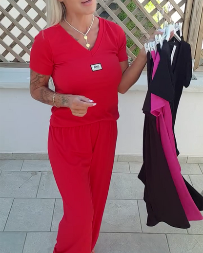 V-Neck Casual Wide-Leg Pants Suit