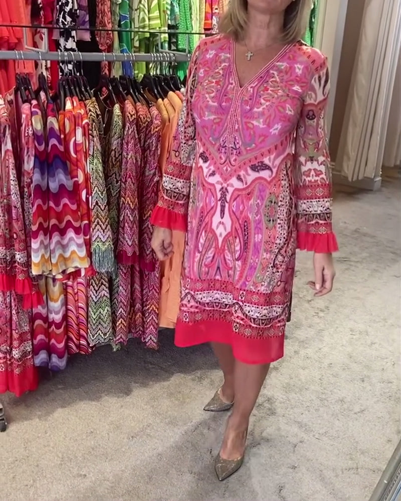 Boho print long sleeve ruffle dress 2024 f/w boho dresses spring