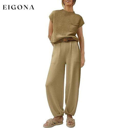2-Piece Set: Women's Knit Pullover Tops and High Waisted Pants Tracksuit Lounge Sets Brown __stock:200 clothes refund_fee:1200 tops