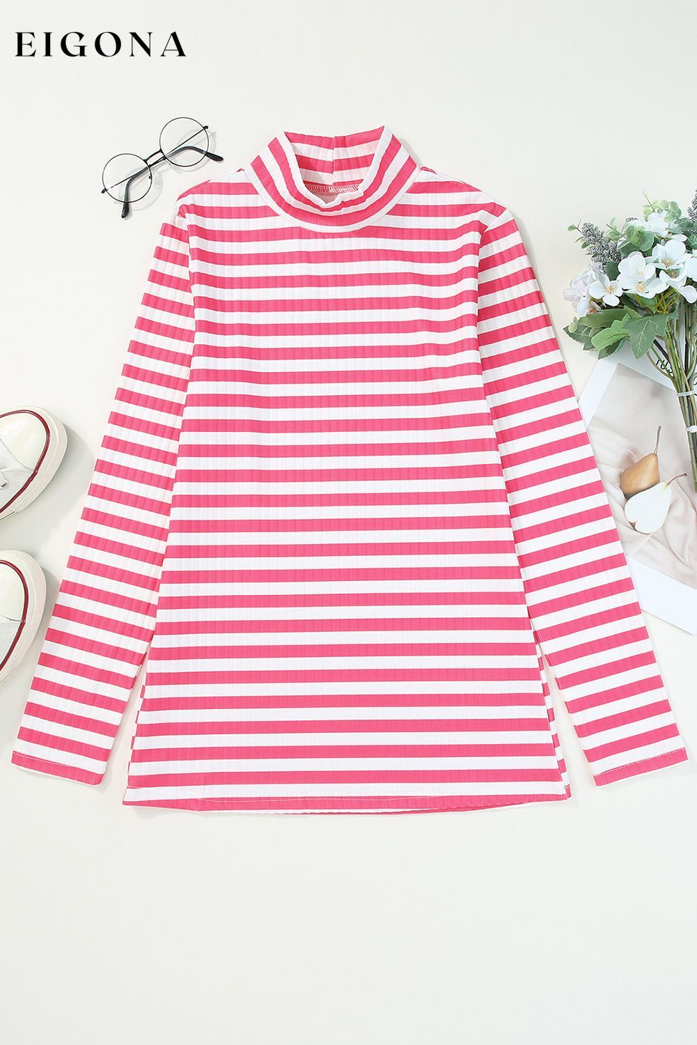 Strawberry Pink Striped Print Textured Knit Long Sleeve Tee clothes long sleeve shirt long sleeve shirts long sleeve top long sleeve tops shirt shirts top tops