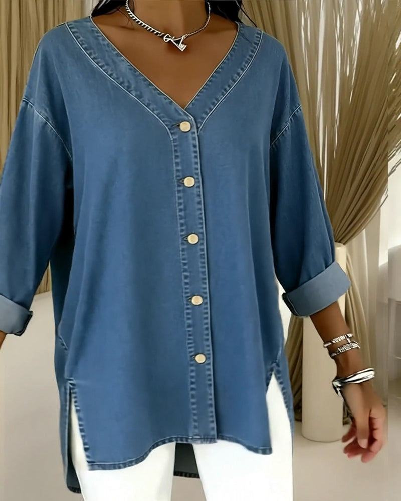 Button-Down V-Neck Denim Long-Sleeved Shirt