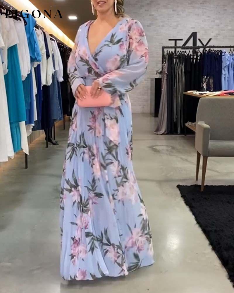 V-Neck Long Sleeve Floral Print Dress casual dresses spring summer vacation dresses