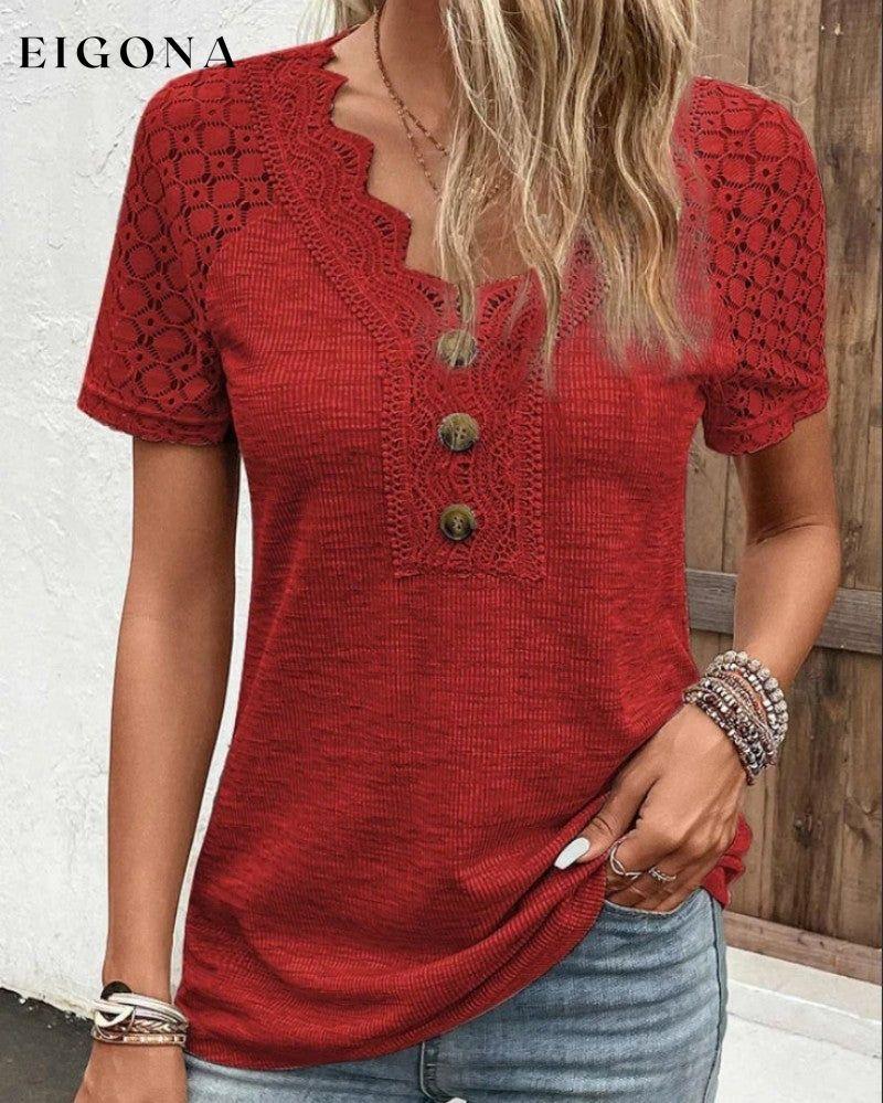 Lace Short Sleeve T Shirt Red 23BF 23BK clothes Short Sleeve Tops Spring Summer T-shirts Tops/Blouses