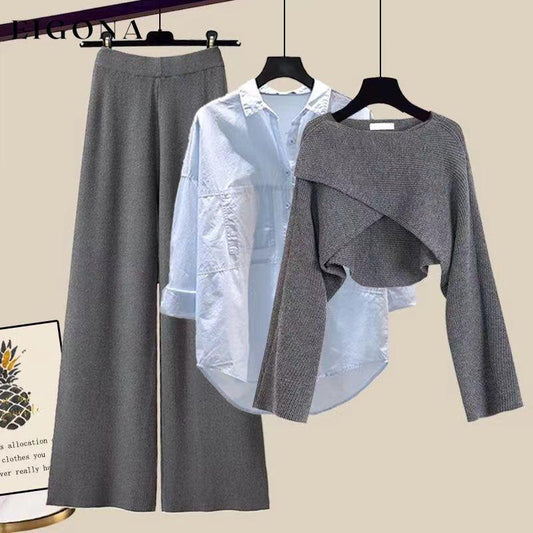 Cross solid color three piece set Gray Sweater + Blue Shirt + Gray Pants 2023 f/w 23BF set sets spring two-piece sets