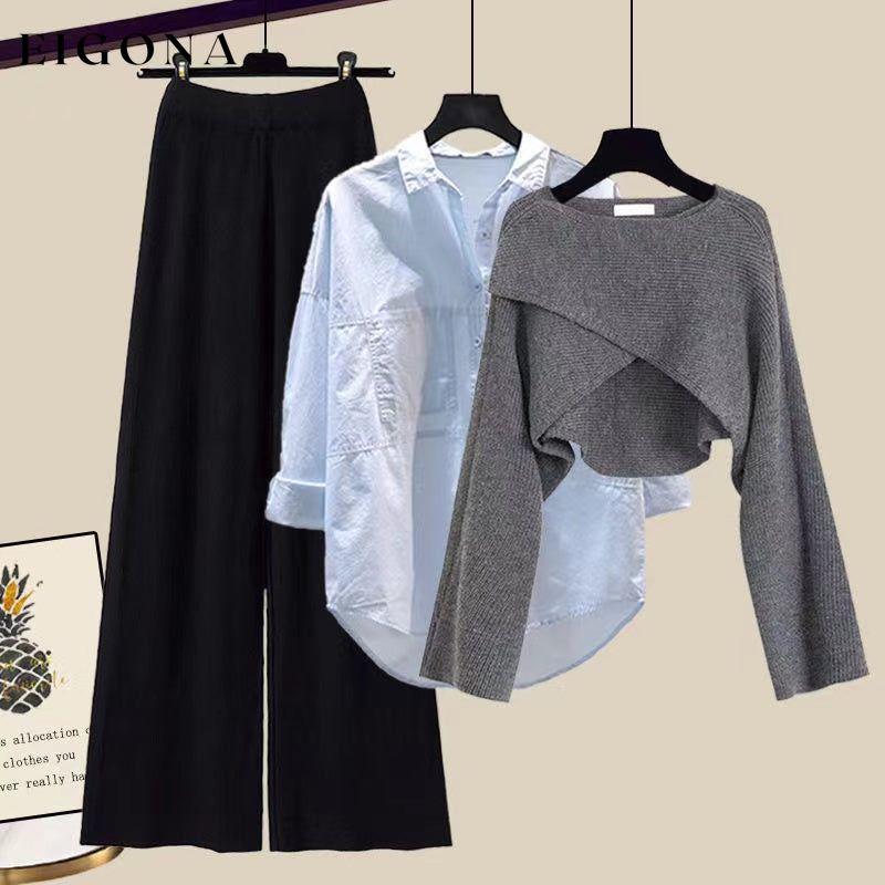 Cross solid color three piece set Gray Sweater + Blue Shirt + Black Pants 2023 f/w 23BF set sets spring two-piece sets
