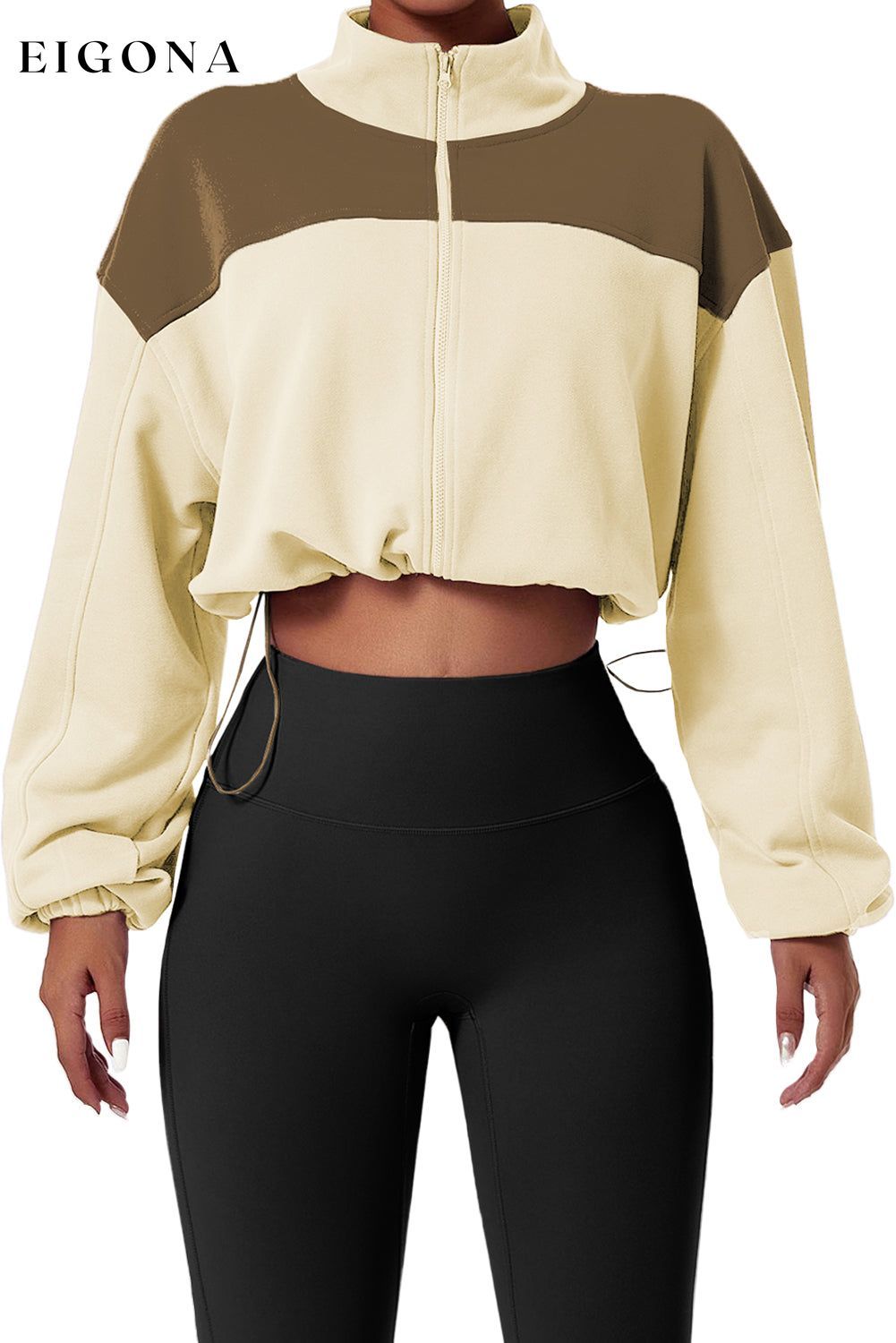 Beige Color Block Drawstring Cropped Athleisure Jacket clothes Occasion Daily Print Color Block Season Fall & Autumn Style Casual