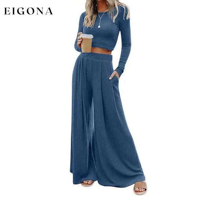 Solid Color Ribbed Crop Top Long Pants Set 2 piece Best Sellers bottoms clothes crop top EDM Monthly Recomend Fabric Ribbed long pants set Occasion Daily Print Solid Color Season Winter set sets shirts Silhouette Wide Leg Style Casual
