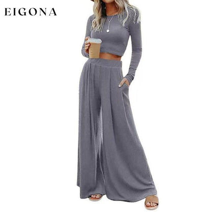 Solid Color Ribbed Crop Top Long Pants Set Gray 65%Polyester+25%Viscose+10%Elastane 2 piece Best Sellers bottoms clothes crop top EDM Monthly Recomend Fabric Ribbed long pants set Occasion Daily Print Solid Color Season Winter set sets shirts Silhouette Wide Leg Style Casual