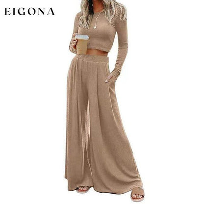 Solid Color Ribbed Crop Top Long Pants Set Khaki 65%Polyester+25%Viscose+10%Elastane 2 piece Best Sellers bottoms clothes crop top EDM Monthly Recomend Fabric Ribbed long pants set Occasion Daily Print Solid Color Season Winter set sets shirts Silhouette Wide Leg Style Casual