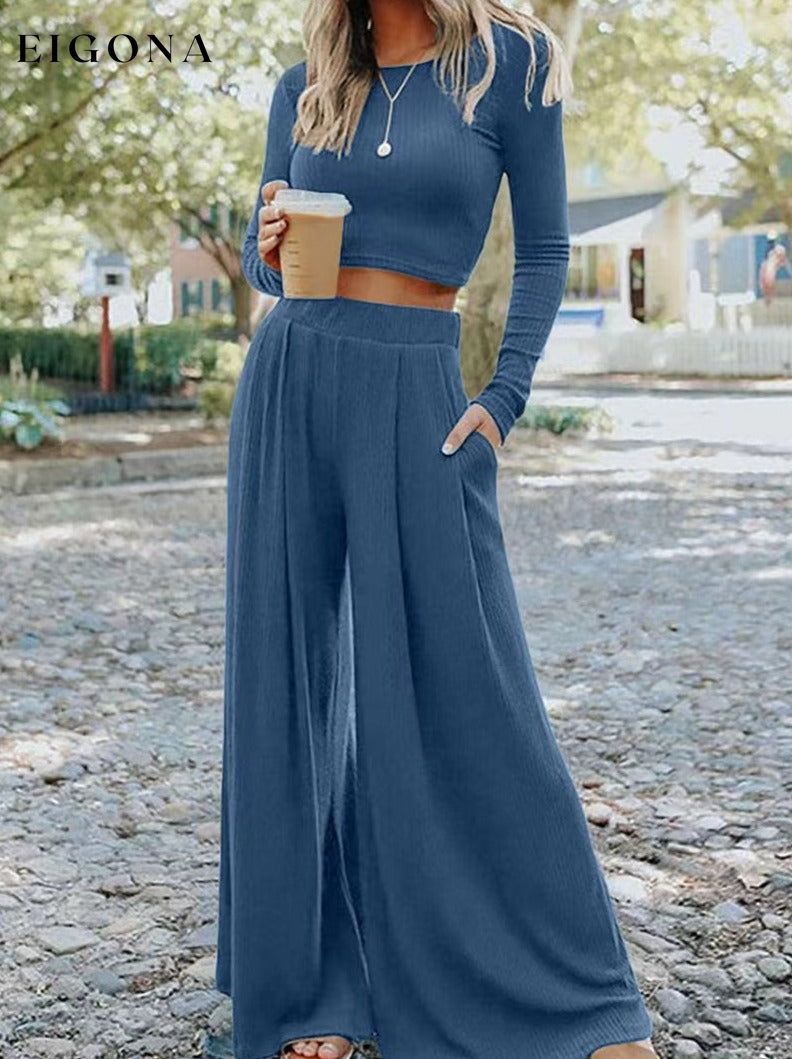 Solid Color Ribbed Crop Top Long Pants Set Blue 65%Polyester+25%Viscose+10%Elastane 2 piece Best Sellers bottoms clothes crop top EDM Monthly Recomend Fabric Ribbed long pants set Occasion Daily Print Solid Color Season Winter set sets shirts Silhouette Wide Leg Style Casual
