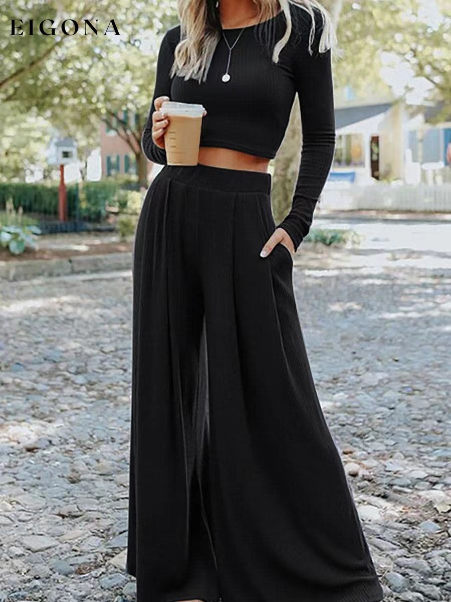 Solid Color Ribbed Crop Top Long Pants Set Black 65%Polyester+25%Viscose+10%Elastane 2 piece Best Sellers bottoms clothes crop top EDM Monthly Recomend Fabric Ribbed long pants set Occasion Daily Print Solid Color Season Winter set sets shirts Silhouette Wide Leg Style Casual