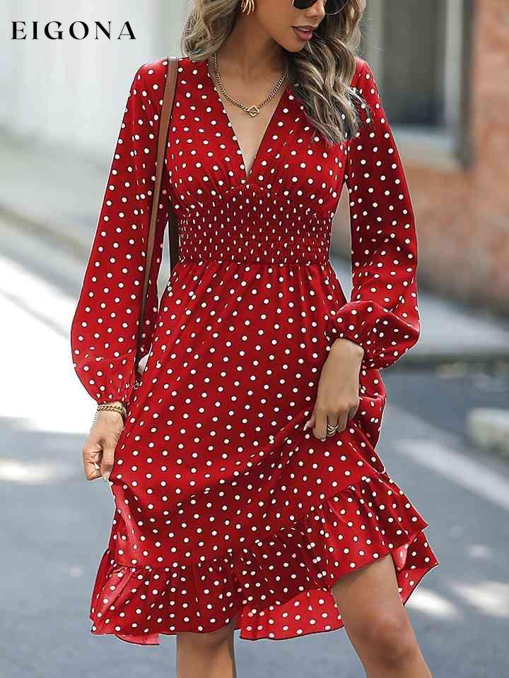 V-Neck Long Sleeve Ruffle Hem Dress Red clothes dress dresses M@Y mini dress Ship From Overseas Shipping Delay 09/29/2023 - 10/04/2023