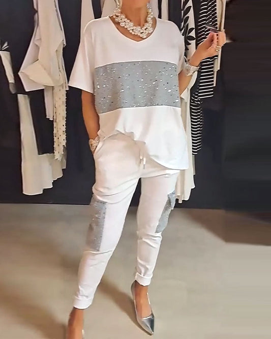 Sequin splicing short-sleeve T-shirt and pants casual sets spring summer two-piece sets