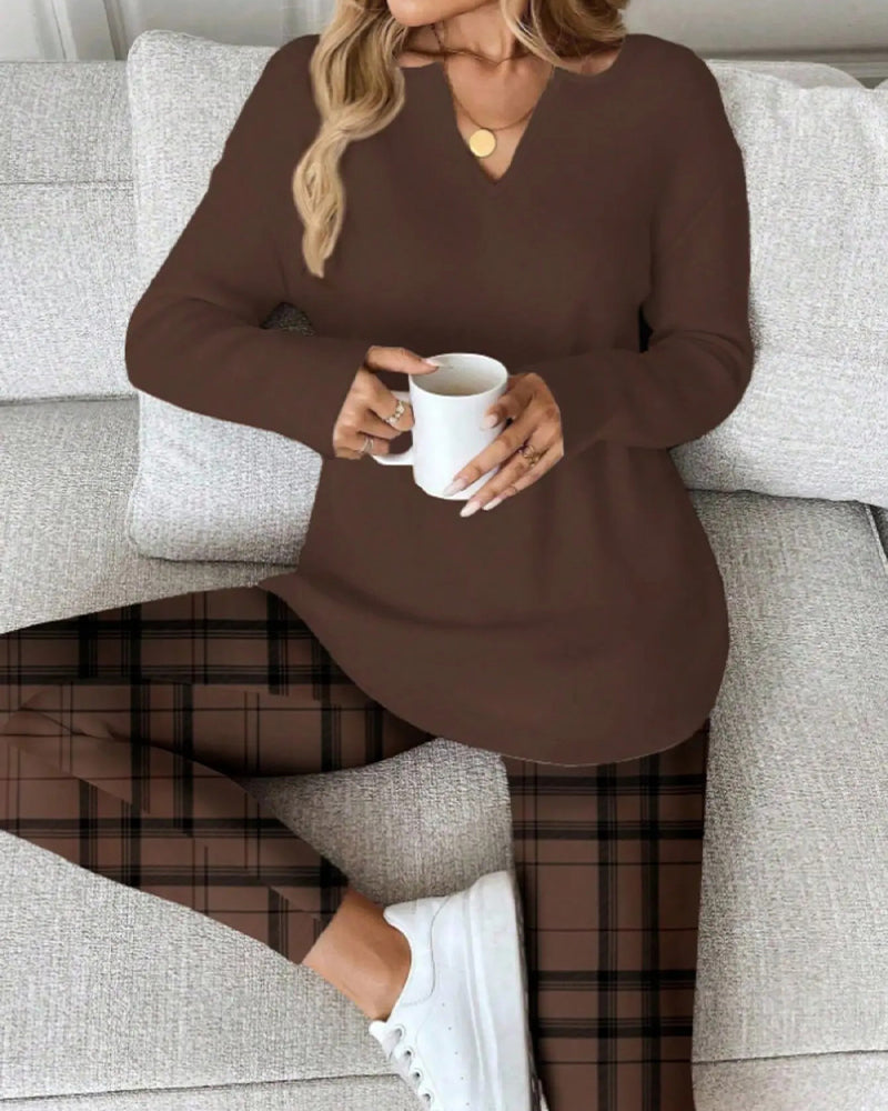 V-Neck Solid Top + Plaid Pants Loungewear Set 2024 f/w spring two-piece sets