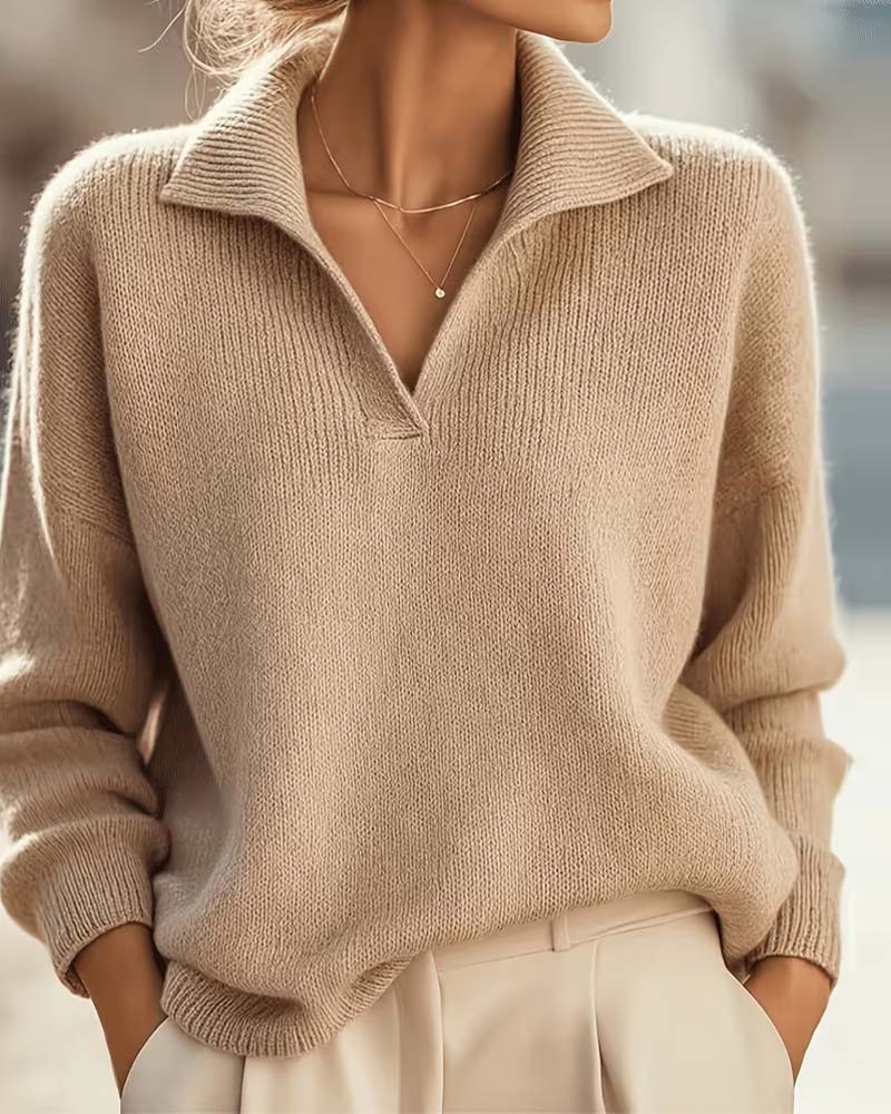 Turn-Down Collar Drop-Shoulder Solid Long-Sleeve Pullover