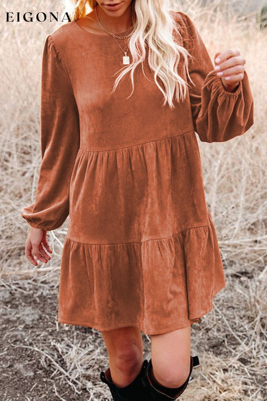 Chestnut Faux Suede Tiered Babydoll Dress Chestnut 88%Polyester+12%Elastane All In Stock casual dress casual dresses clothes dress long sleeve dress long sleeve dresses Occasion Daily Print Solid Color short dresses Silhouette A-Line Style Western