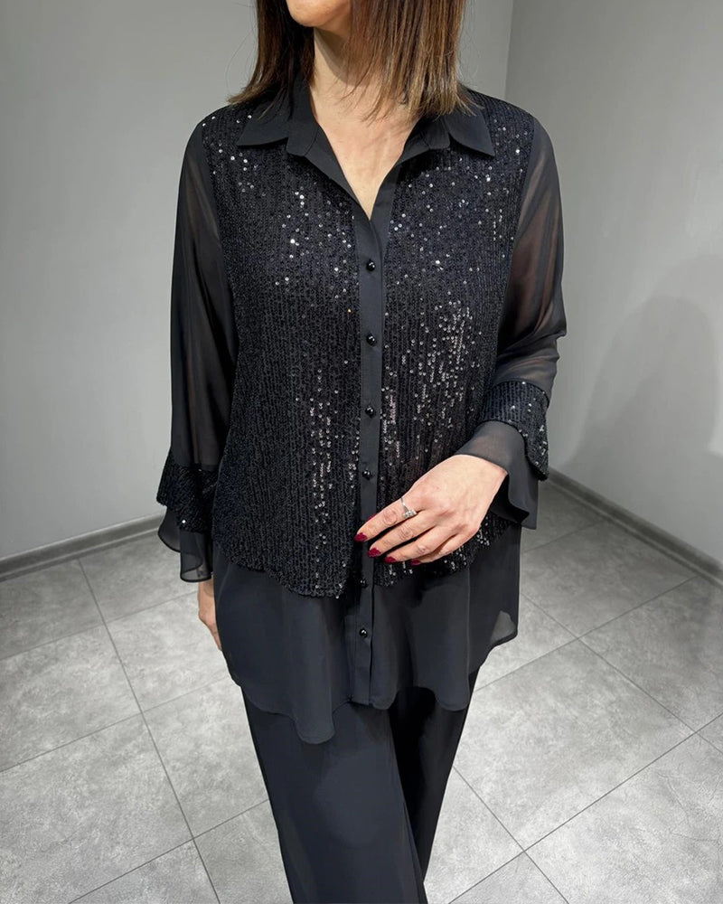 Lapel Buttoned Ruffle See-Through Top autumn spring top