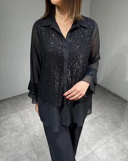 Lapel Buttoned Ruffle See-Through Top autumn spring top