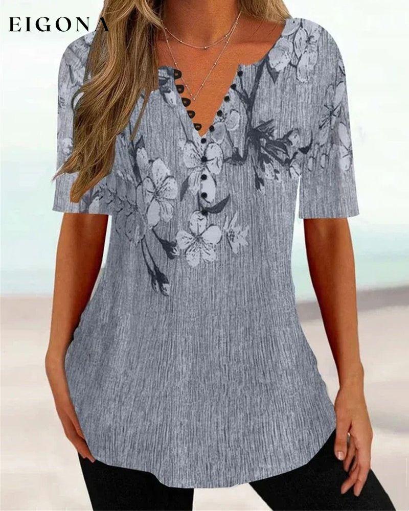 V-neck short-sleeved printed T-shirt Gray 23BF clothes Short Sleeve Tops Summer T-SHIRTS Tops/Blouses