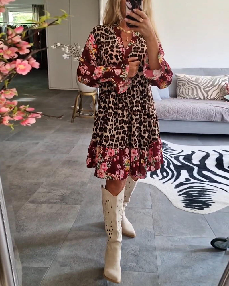 Fashionable leopard floral print bell sleeve dress 2024 f/w casual dresses spring