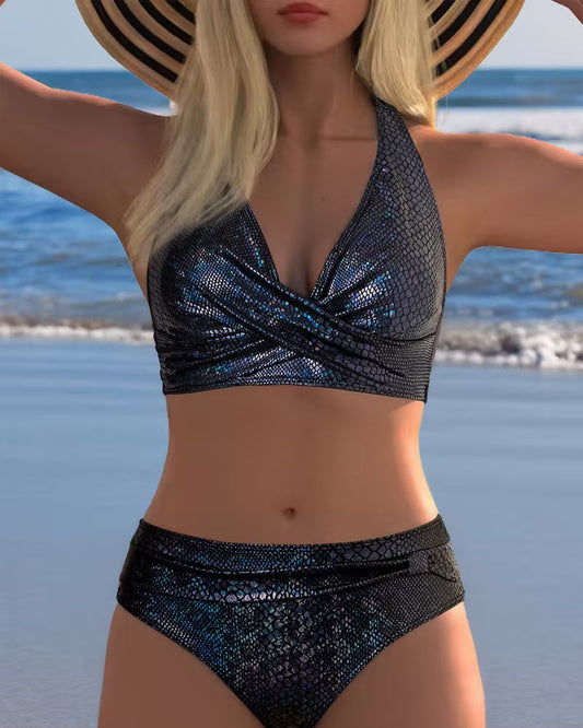 Snake Print Laser Halter Bikini