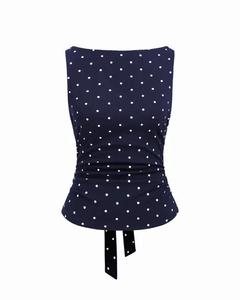 Polka Dot Boat Neck Side Pleat Tank Tops