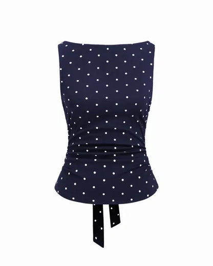 Polka Dot Boat Neck Side Pleat Tank Tops spring summer tank tops & camis