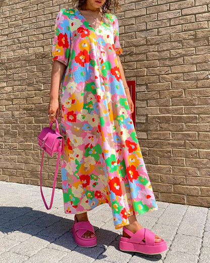 Colorful floral print V-neck short-sleeve dress casual dresses summer vacation dresses