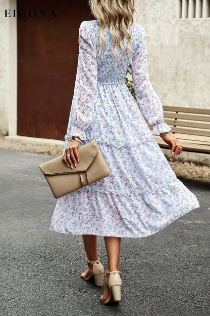 Smocked Flounce Sleeve Midi Dress clothes DY Ship From Overseas trendsi