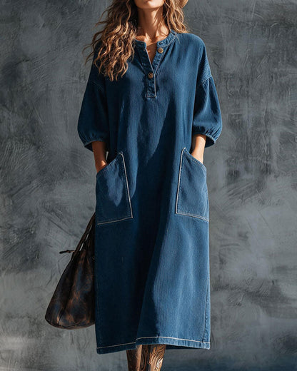 Corduroy Button Front Elbow-Length Puff Sleeve Loose Dress 2024 f/w casual dresses spring