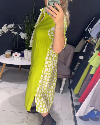 Half Zipper Printed Irregular Slit Dress