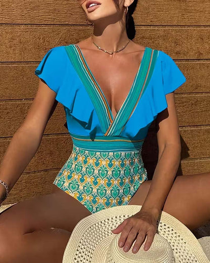 Resort Style Printed V-Neck One-Piece