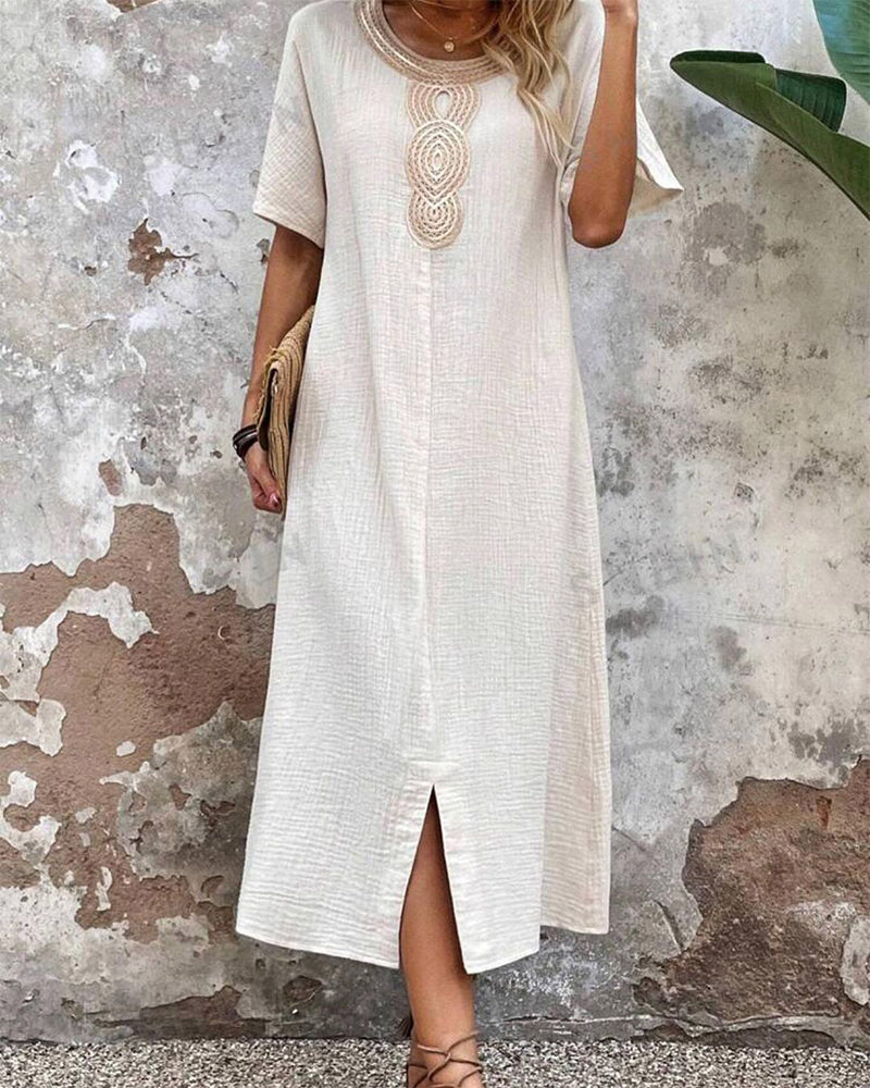 Solid color round neck slit dress casual dresses summer