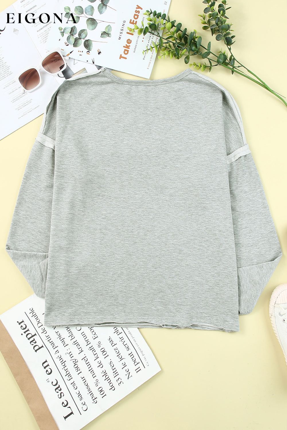 Gray Pocketed Oversized Drop Sleeve Top All In Stock clothes Craft Patchwork DL Exclusive Hot picks long sleeve shirts long sleeve top Occasion Daily Season Fall & Autumn Style Casual tops