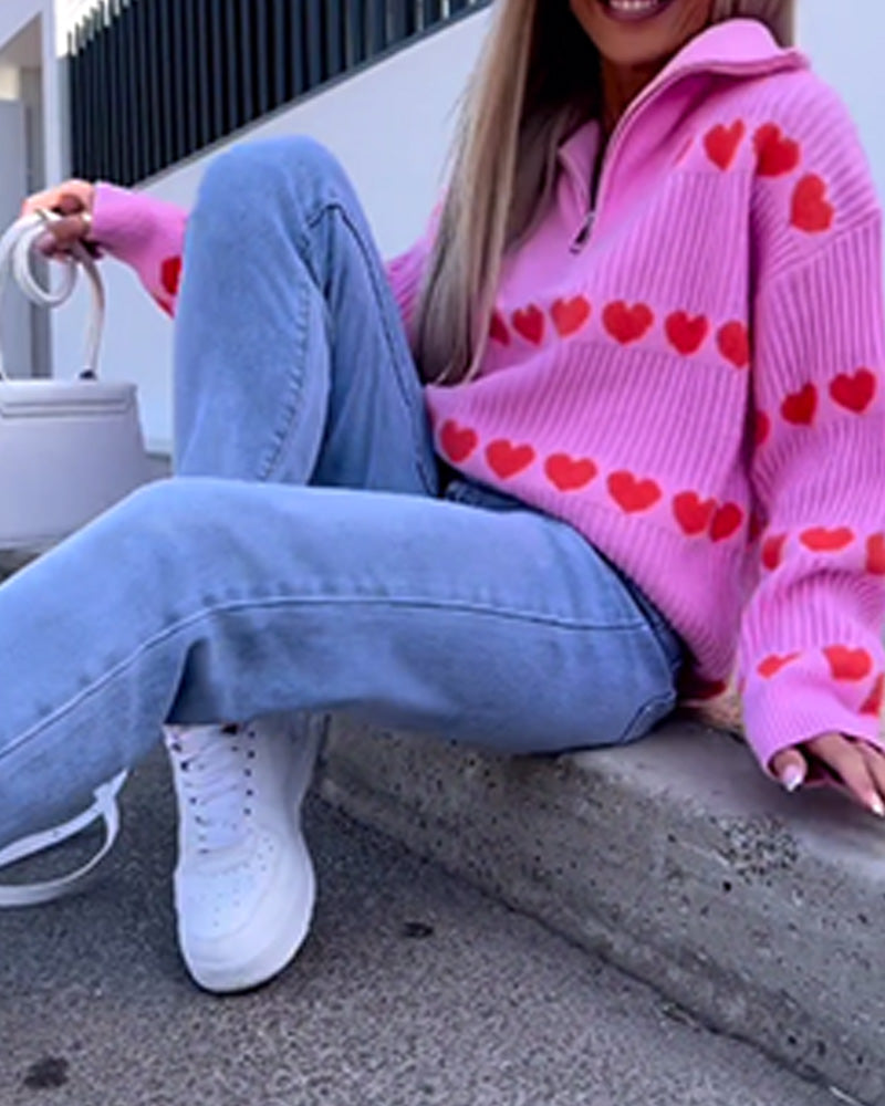 Lapel zipper heart print pullover 2024 f/w pullovers