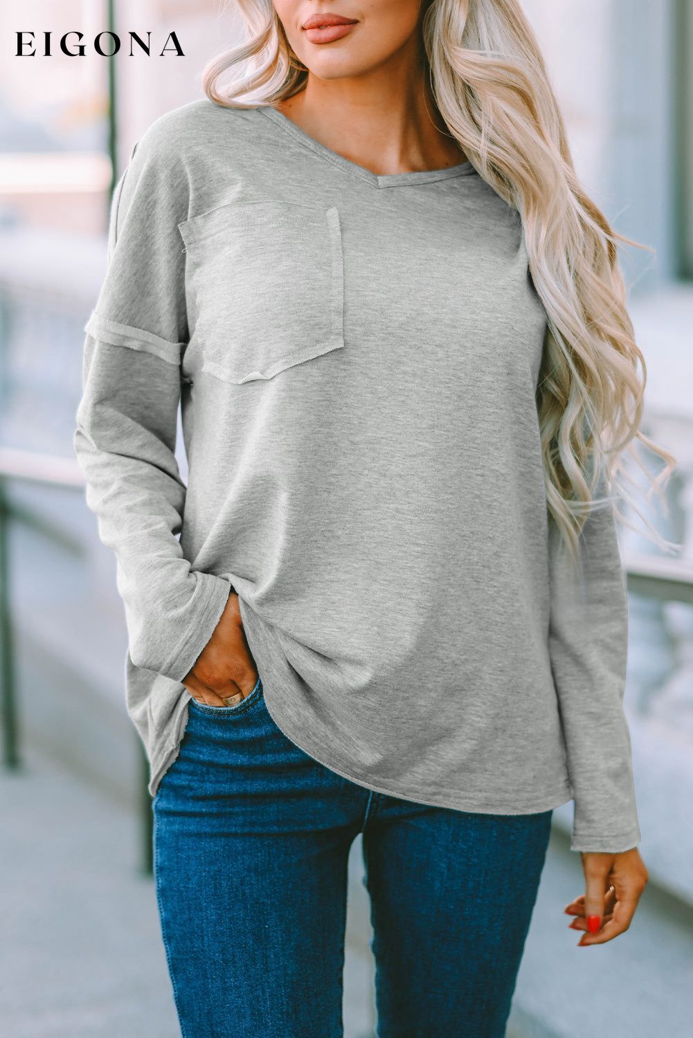 Gray Pocketed Oversized Drop Sleeve Top All In Stock clothes Craft Patchwork DL Exclusive Hot picks long sleeve shirts long sleeve top Occasion Daily Season Fall & Autumn Style Casual tops