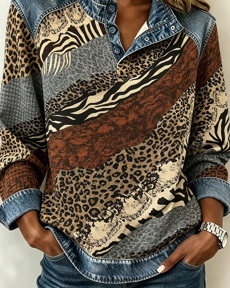 Patchwork Leopard Button Blouse 2024 f/w blouses & shirts spring