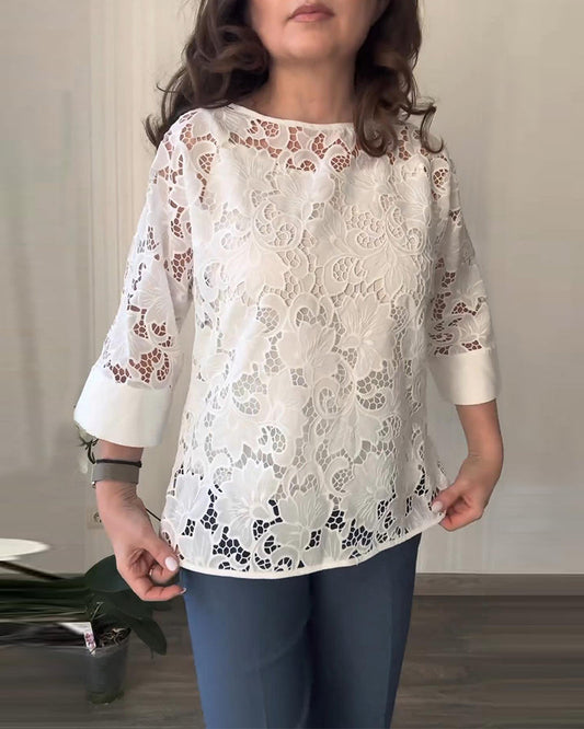 Solid color round neck lace hollow blouse blouses & shirts spring summer