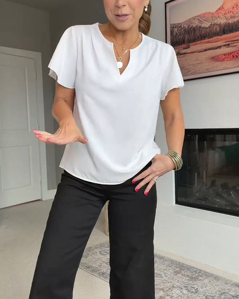 Lotus Leaf V-Neck Solid Color Blouse