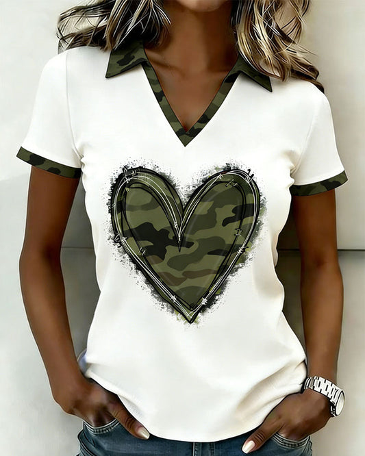 Notched Collar Camouflage Heart T-Shirt