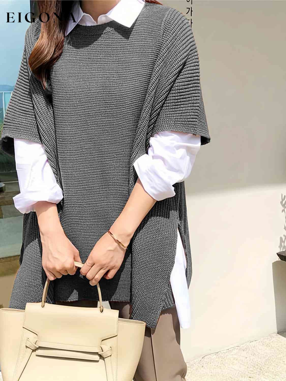 Plus Size Round Neck Slit Short Sleeve Sweater clothes M@Z@L Ship From Overseas