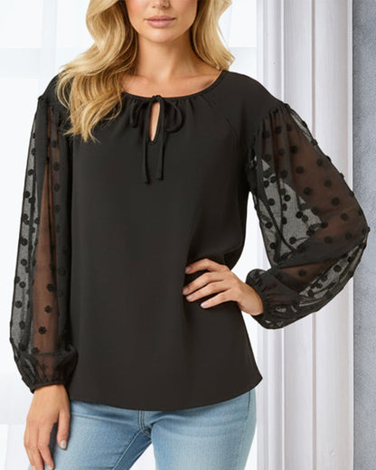 Jacquard Sleeve Tie Blouse