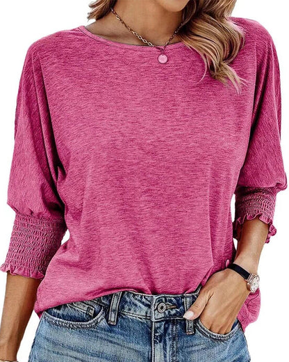 Loose Round Neck Shirred Cuff T Shirt