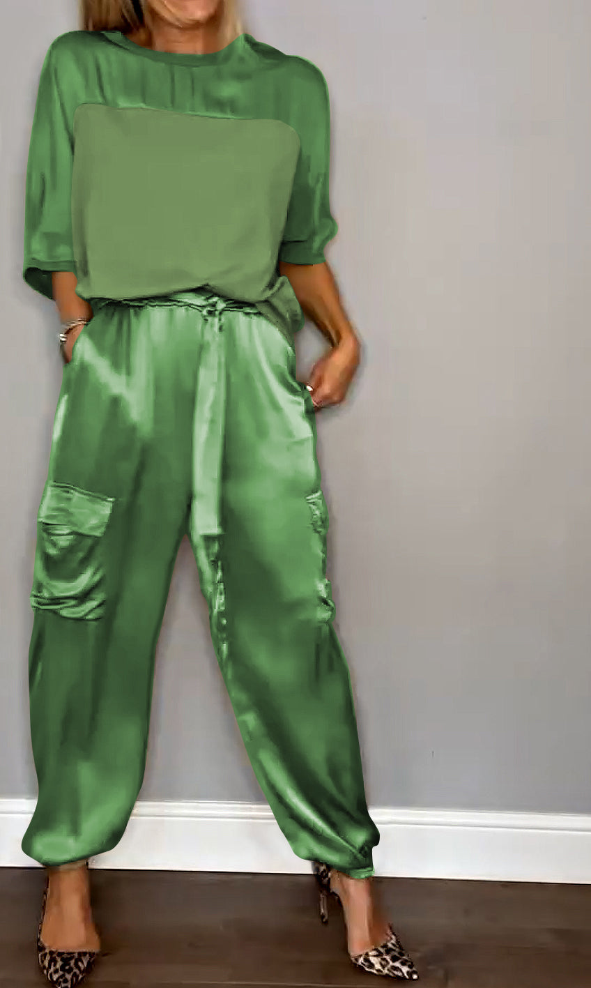 Women's Smooth Satin Half-sleeved Top and Pant Suit Two-piece Green Suit Top&Pant Two-piece