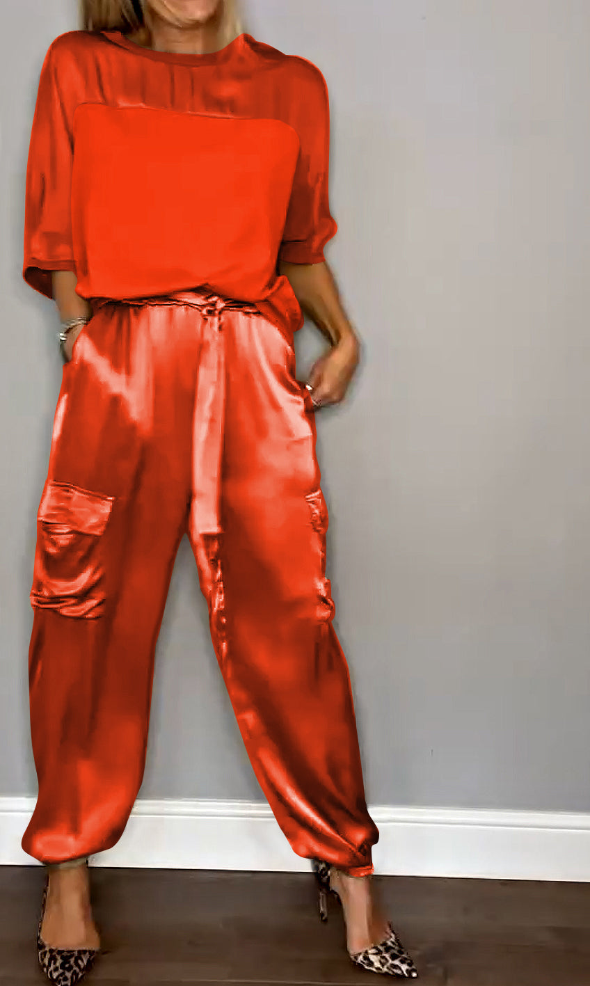 Women's Smooth Satin Half-sleeved Top and Pant Suit Two-piece Red Suit Top&Pant Two-piece