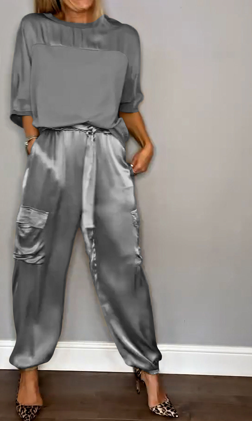 Women's Smooth Satin Half-sleeved Top and Pant Suit Two-piece Grey Suit Top&Pant Two-piece