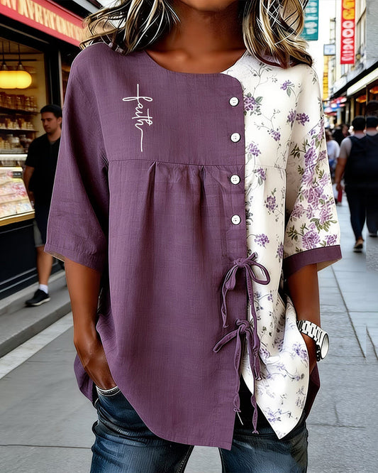 Asymmetrical Spliced Floral Color-Block Blouse blouses & shirts spring summer