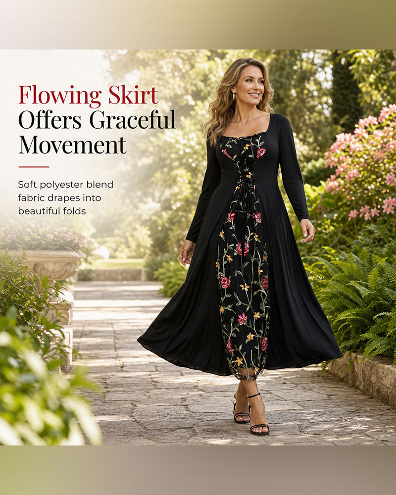 Square Neck Rose Spliced Maxi Dress 2024 f/w casual dresses