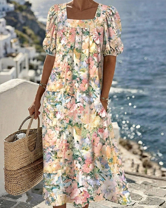 Printed Square Neck Bubble Sleeve Dress casual dresses spring summer